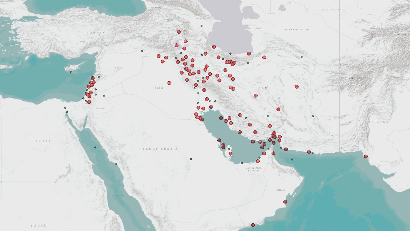 2026 이란 및 중동 전쟁 주요 피격 지점 통합 지도
