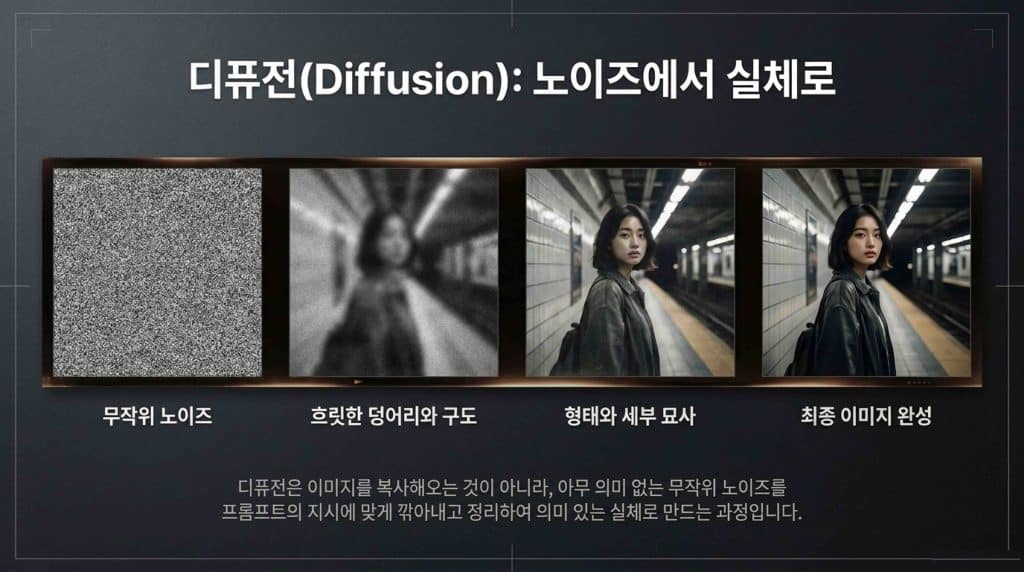 디퓨전은 노이즈를 정리해 이미지를 만드는 과정이다